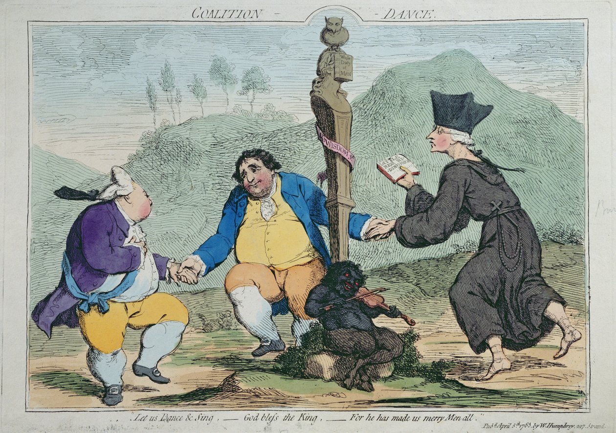 द कोलिशन-डांस, 1783 में विलियम हम्फ्री द्वारा प्रकाशित (हाथ से रंग का नक़्क़ाशी) द्वारा जेम्स गिलियरे