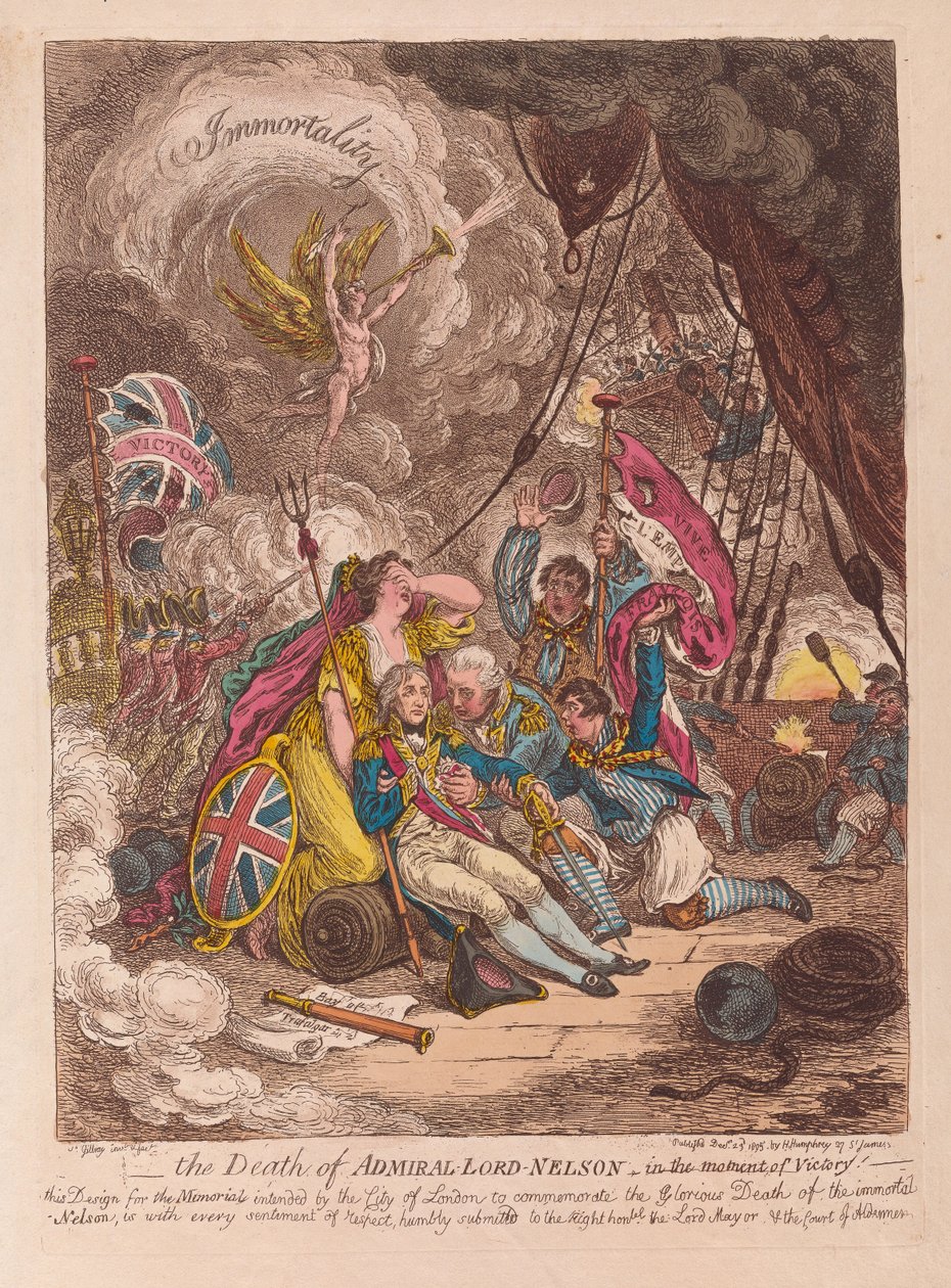 एडमिरल लॉर्ड नेल्सन की मृत्यु, विजय के क्षण में। 1805 (हाथ के रंग का उत्कीर्णन) द्वारा जेम्स गिलियरे