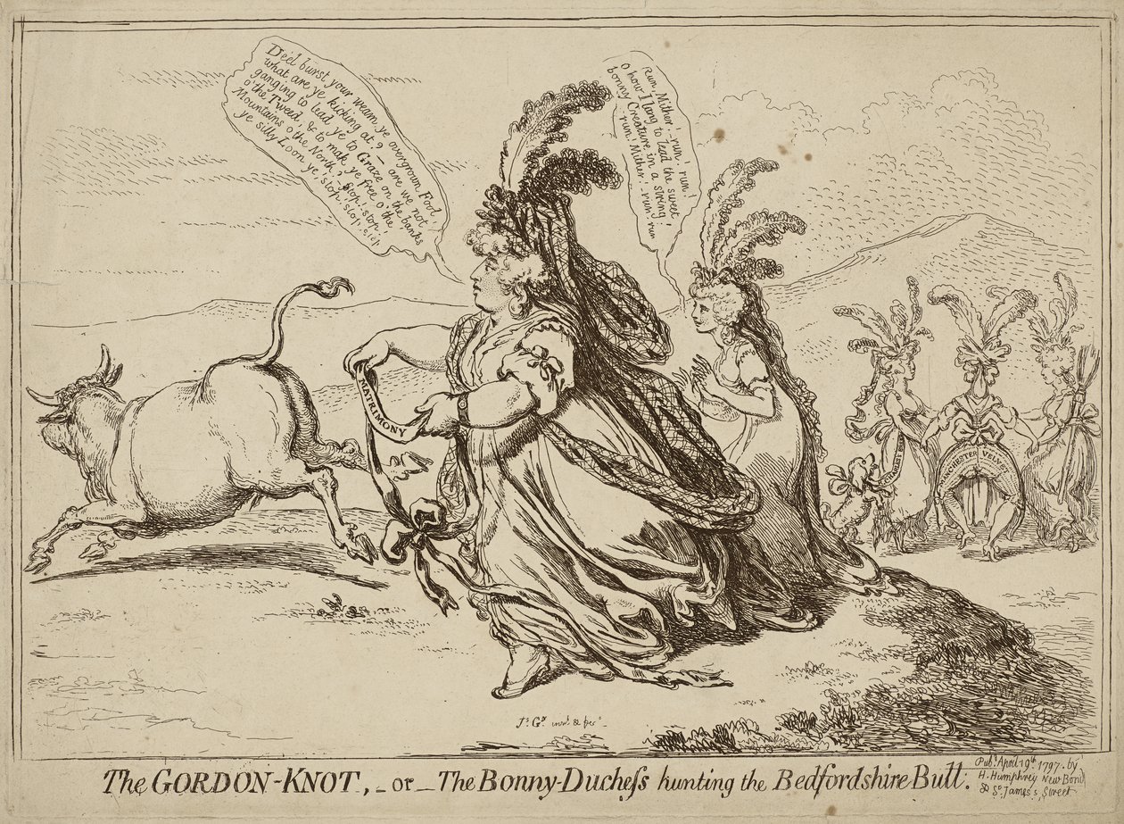 गॉर्डन गाँठ या बोनी-डचेस हंटिंग द बेडफॉर्डशायर बुल, 29 अप्रैल, 1797 को प्रकाशित (वोव पेपर पर नक़्क़ाशी) द्वारा जेम्स गिलियरे
