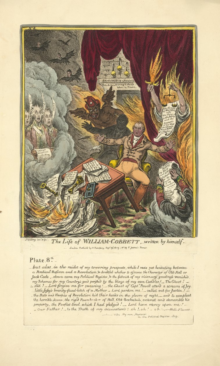 विलियम कोबेट का जीवन, स्वयं द्वारा लिखित, हन्ना हम्फ़्रे द्वारा प्रकाशित, 1809 (हाथ से रंगीन उत्कीर्णन) द्वारा जेम्स गिलियरे