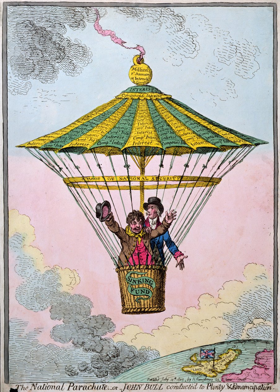 1802 में हन्ना हम्फ़्रे द्वारा प्रकाशित नेशनल पैराशूट या जॉन बुल प्लेंटी एंड एमेंशन के लिए किया गया द्वारा जेम्स गिलियरे