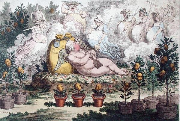 1796 में हन्ना हम्फ्री द्वारा प्रकाशित द ऑरंगेरी, या द डच क्यूपिड रिपोजिंग, आफ्टर द फेटिग्स ऑफ प्लांटिंग (हाथ से रंगी हुई नक़्क़ाशी) द्वारा जेम्स गिलियरे