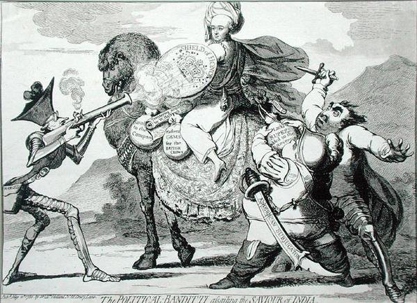 1786 में डब्ल्यू हॉलैंड द्वारा प्रकाशित द पॉलिटिकल बैंडिटि असैलिंग द सेवियर ऑफ इंडिया (नक़्क़ाशी) द्वारा जेम्स गिलियरे