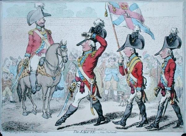 1797 में हन्ना हम्फ्री द्वारा प्रकाशित द सैल्यूट, या द परेड (हाथ से रंगी हुई नक़्क़ाशी) द्वारा जेम्स गिलियरे