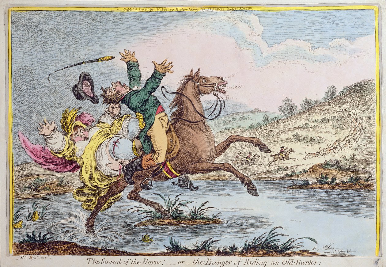 1807 में हन्ना हम्फ़्रे द्वारा प्रकाशित द साउंड ऑफ़ द हॉर्न, या द डेंजर ऑफ़ राइडिंग ए ओल्ड हंटर, हन्ना हम्फ्री द्वारा प्रकाशित द्वारा जेम्स गिलियरे