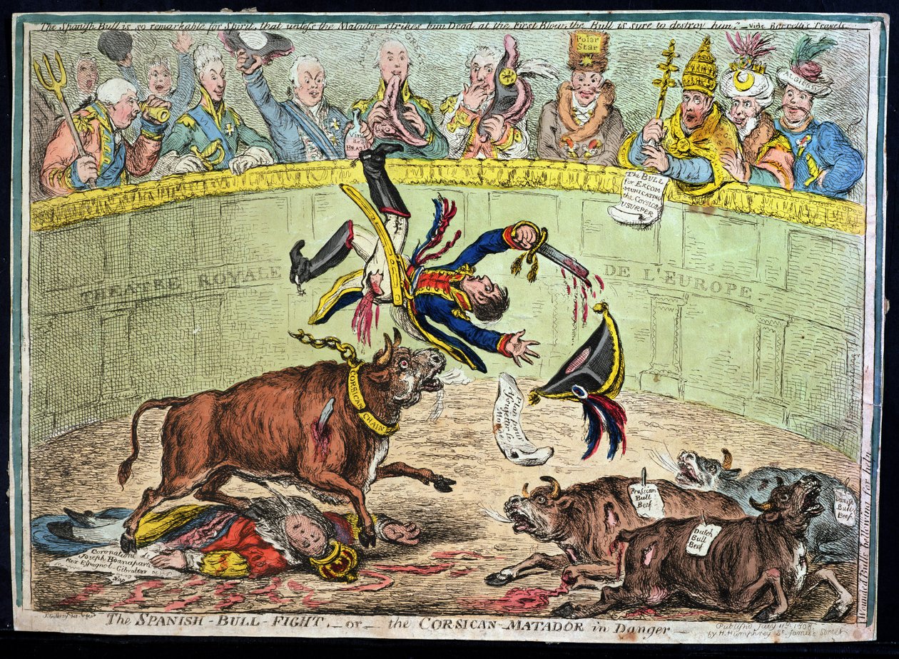1808 में हन्ना हम्फ्रे द्वारा प्रकाशित स्पैनिश बुल फाइट, या द कोर्सीकन मैटाडोर द्वारा जेम्स गिलियरे