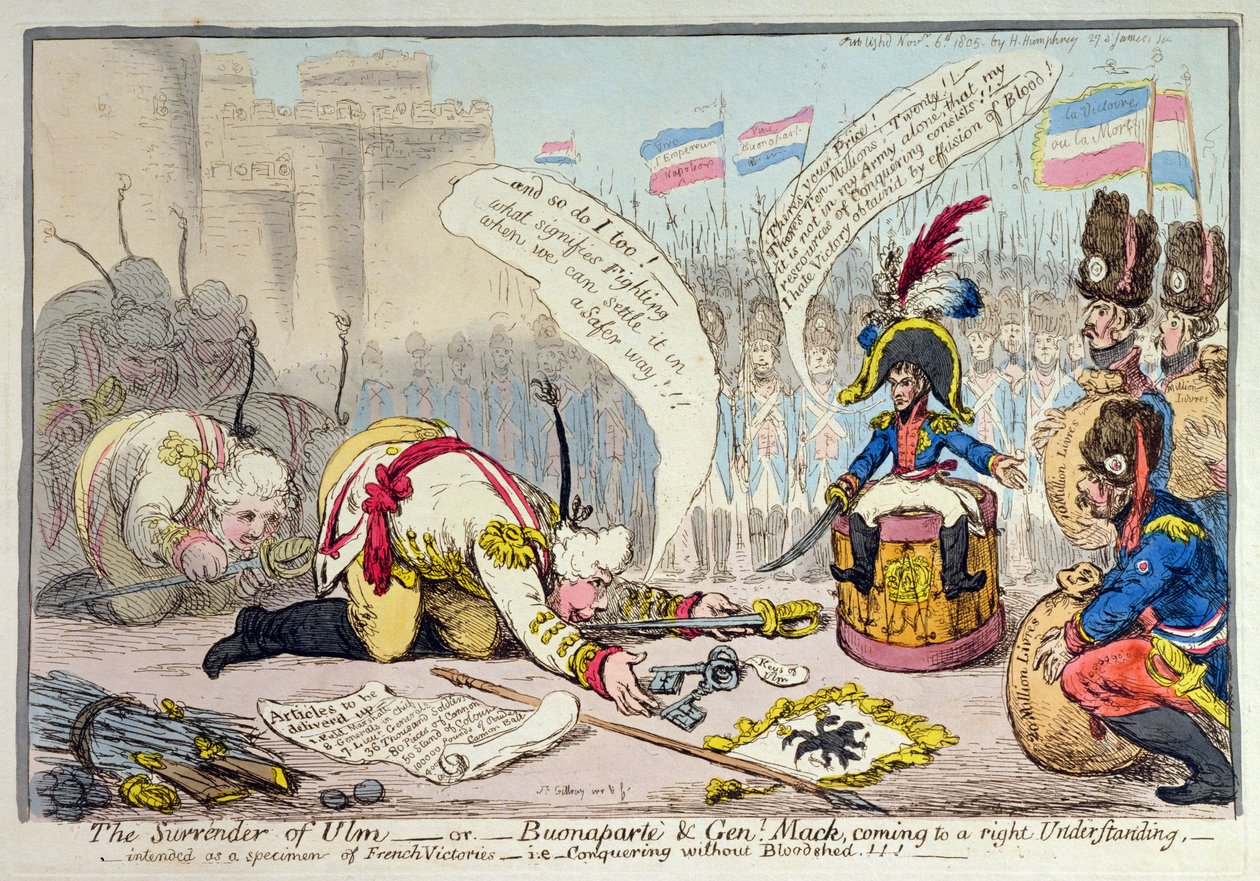 उल्म का आत्मसमर्पण, या बुनापार्ट और जनरल मैक एक सही समझ में आ रहा है, 1805 में हन्ना हम्फ्री द्वारा प्रकाशित (हाथ से रंग का नक़्क़ाशी) द्वारा जेम्स गिलियरे