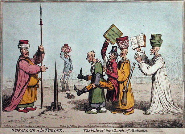 थियोलोजी ए ला टर्क, द पेल ऑफ़ द चर्च महोमेट, हन्ना हम्फ्री द्वारा 1799 में प्रकाशित (हाथ से रंगी हुई नक़्क़ाशी) द्वारा जेम्स गिलियरे
