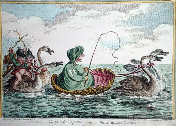 वीनस ए ला कोक्वेल, या द स्वान सी वीनस, हन्ना हम्फ्री द्वारा 1809 में प्रकाशित (हाथ से रंगी हुई नक़्क़ाशी) द्वारा जेम्स गिलियरे