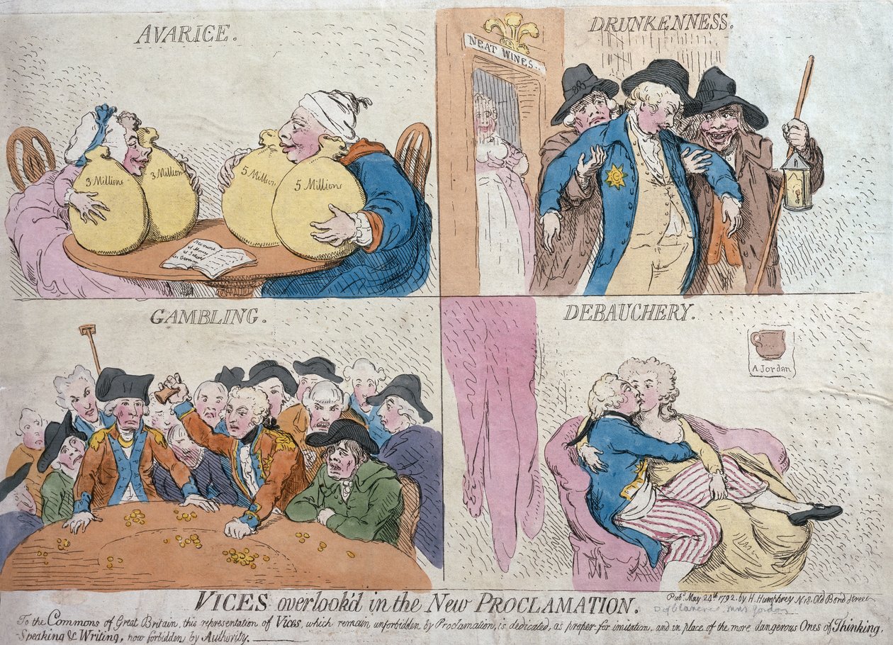 हेंस हम्फ्रे, 1792 (हाथ से रंग की नक़्क़ाशी) द्वारा प्रकाशित नई उद्घोषणा में वाइस ओवरलेड द्वारा जेम्स गिलियरे