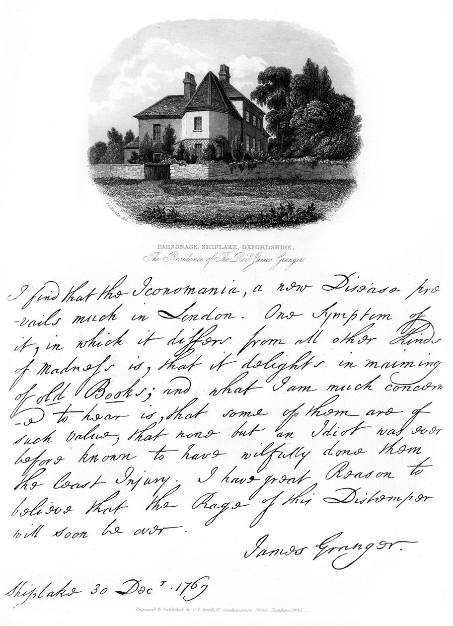 रेवरेंड जेम्स ग्रेंजर का एक पत्र, और शिप्पेक, 1769, 1840 में उनके निवास का एक दृश्य द्वारा जेम्स ग्रेंजर