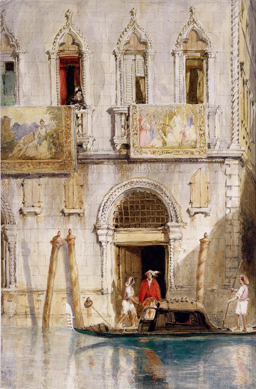 पलाज़ो फ़ॉस्करी के कदम, वेनिस, 1844 (पेंसिल, स्याही, कागज पर gouache und wc) द्वारा जेम्स हॉलैंड