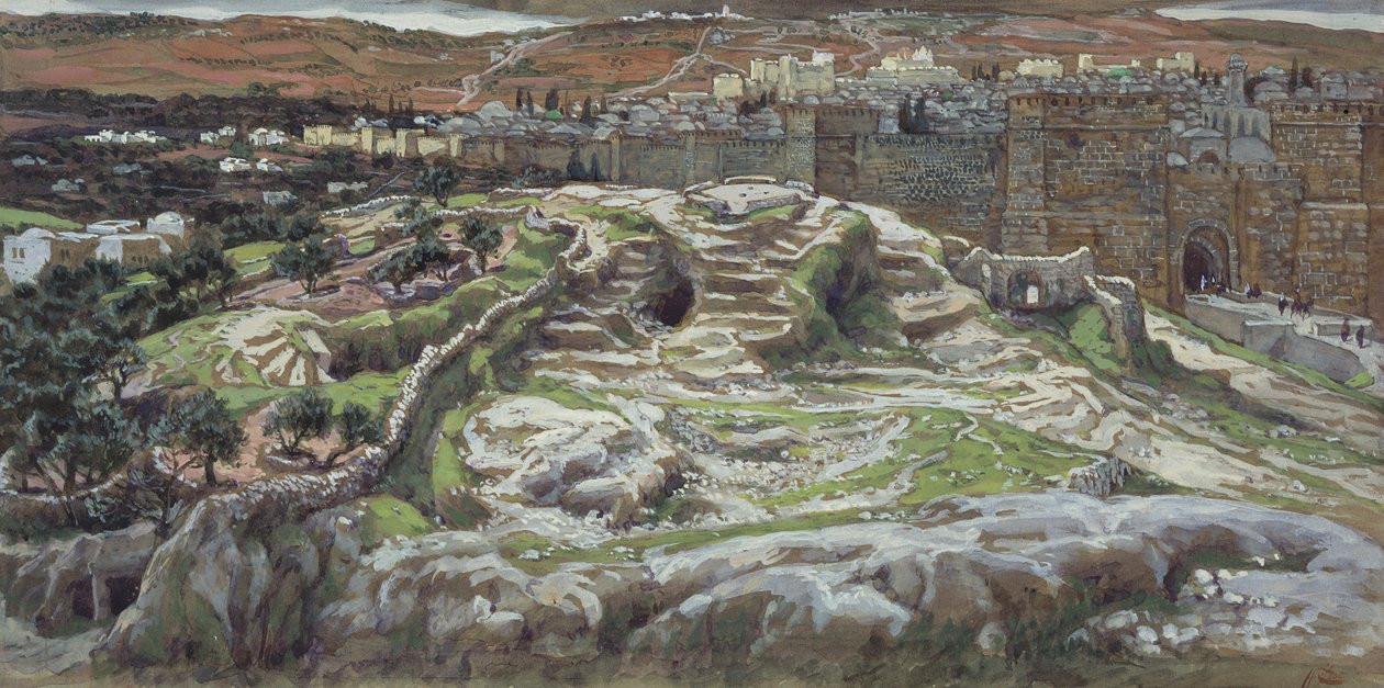 गोल्गोथा एंड द होली सेपल्चर इन लॉर्ड्स टाइम, द लाइफ़ फॉर क्राइस्ट, c.1886-94 (wc & gouache on paperboard) द्वारा जेम्स जैक्स जोसेफ टिसोट
