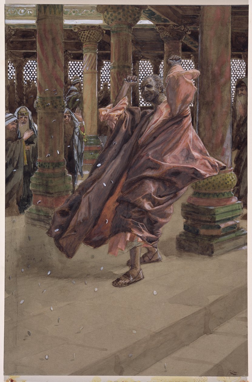 जुदास पश्चाताप और पैसा लौटाता है, मसीह के जीवन के लिए चित्रण, c.1886-94 (wc और gouache on paperboard) द्वारा जेम्स जैक्स जोसेफ टिसोट