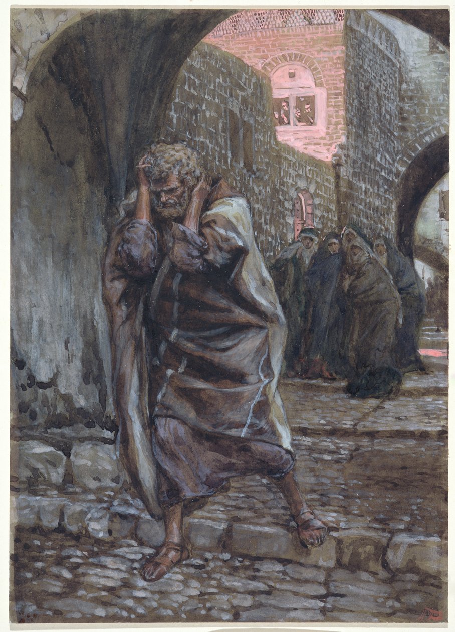 पीटर वेन्ट आउट एंड वीट बिटरली, द लाइफ ऑफ़ क्राइस्ट का चित्रण, c.1886-94 (पेपरबोर्ड पर wc & gouache) द्वारा जेम्स जैक्स जोसेफ टिसोट