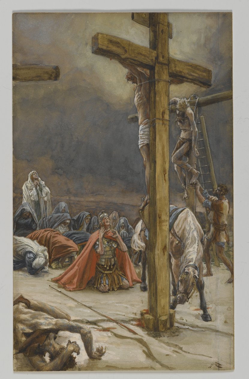 संत लॉन्गिनस का कबूलनामा, हमारे प्रभु यीशु मसीह के जीवन से दृष्टांत, 1886-94 (पोस्ट पर रेखांकन पर wc द्वारा जेम्स जैक्स जोसेफ टिसोट