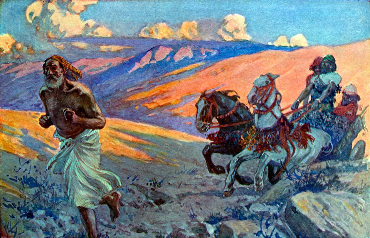 एलिय्याह अहाब के रथ से पहले चलता है - बाइबिल द्वारा टिसोट के बाद जेम्स जैक्स जोसेफ