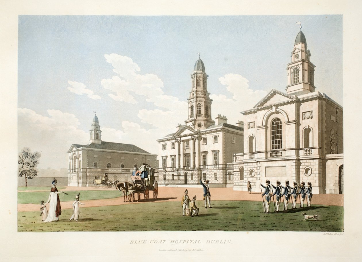 ब्लू-कोट अस्पताल, डबलिन, 1798 (हाथ से रंगा हुआ उत्कीर्णन) द्वारा जेम्स माल्टन