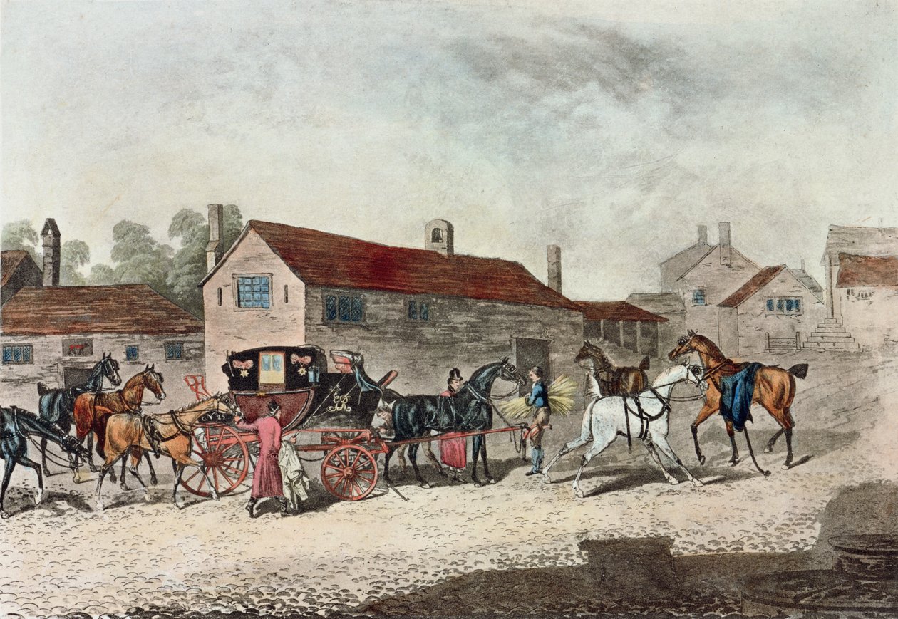 द मेल कोच चेंजिंग हॉर्स, 1815 में आर द्वारा जेम्स पोलार्ड