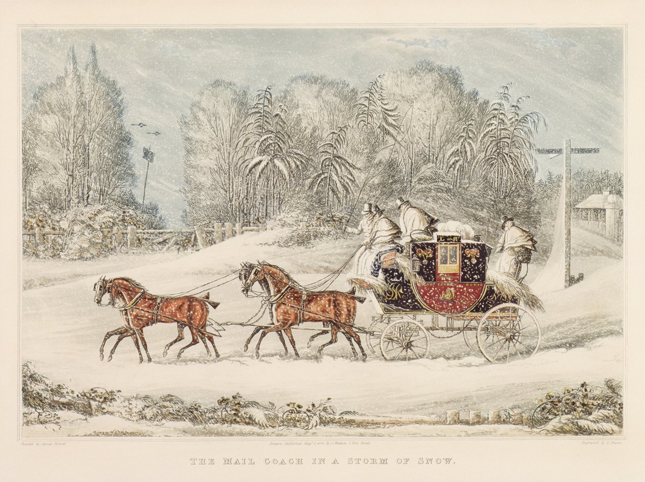 द मेल कोच इन स्टॉर्म ऑफ स्नो, 1825 द्वारा जेम्स पोलार्ड