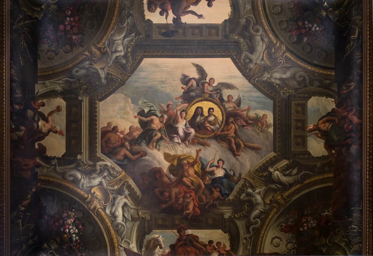 चित्रित हॉल में ऊपरी हॉल की छत, c.1707-27 (दीवार पेंटिंग) द्वारा जेम्स थॉर्नहिल