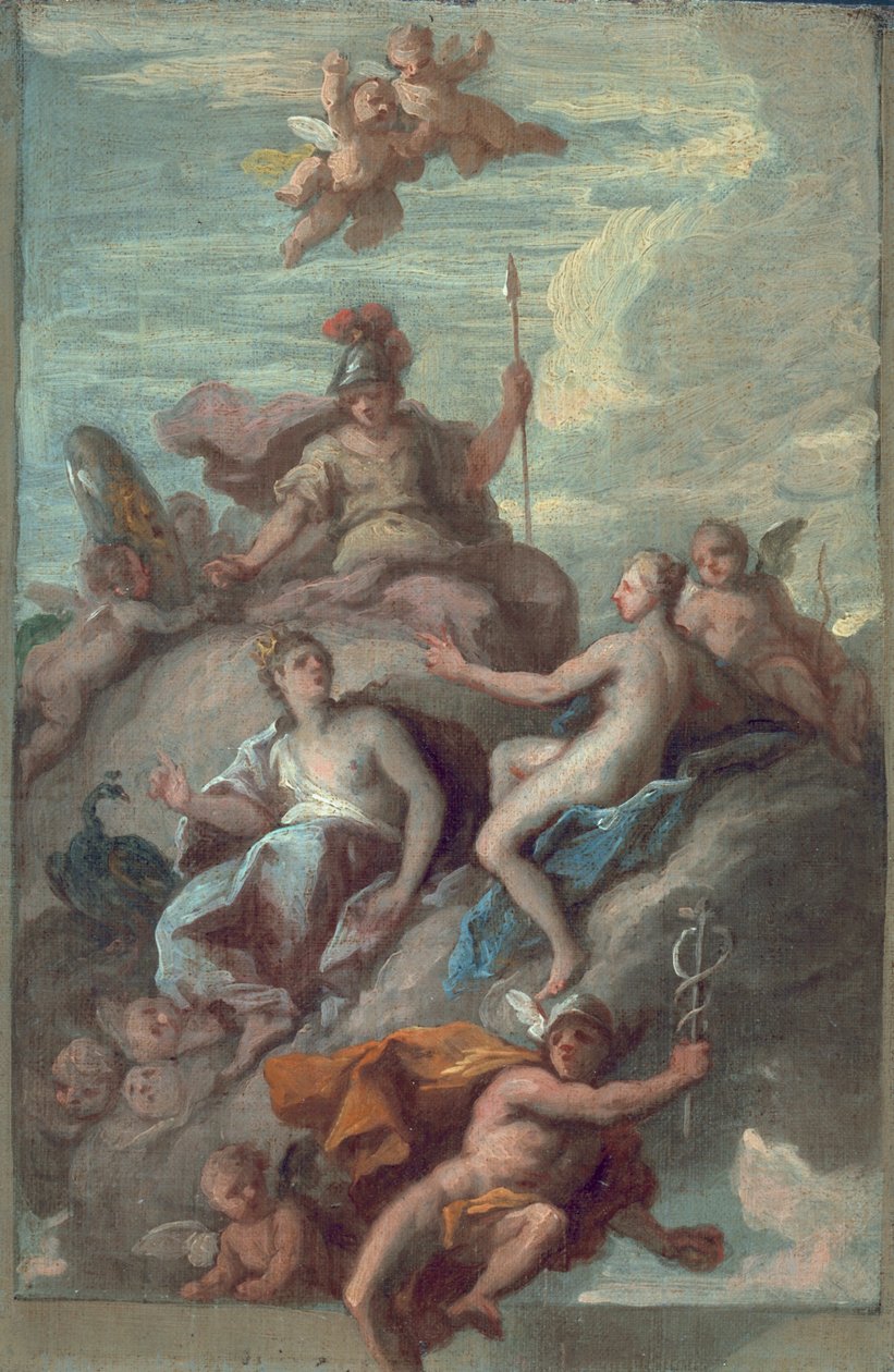 जूनो, मिनर्वा और वीनस डिस्पैचिंग मर्करी ऑफ़ द एप्पल, के साथ c.1718 द्वारा जेम्स थॉर्नहिल