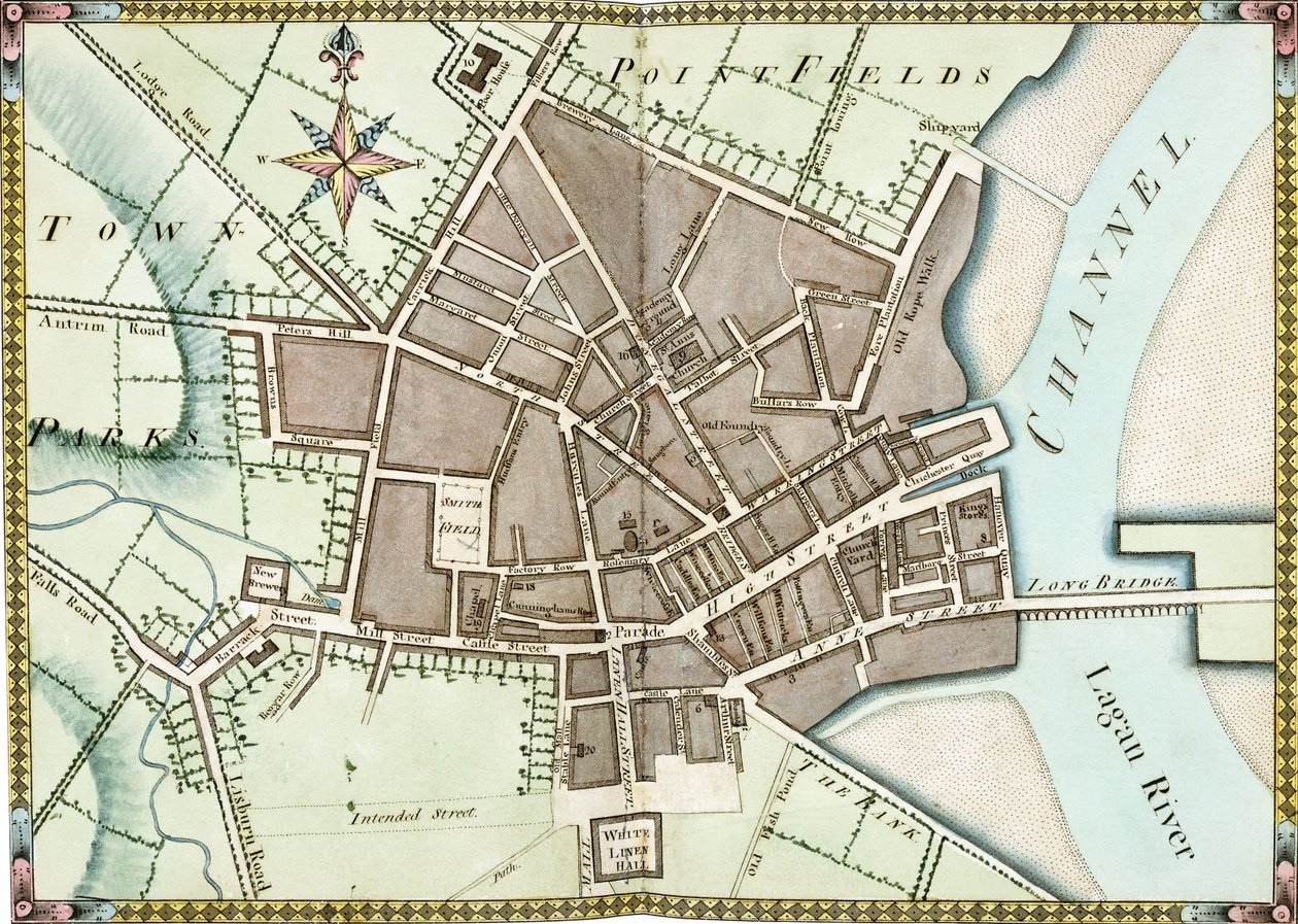 बेलफ़ास्ट का डबल पेज वॉटर कलर प्लान, c.1795 द्वारा जेम्स विलियमसन