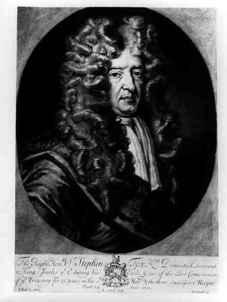 सर स्टीफन फॉक्स (1627-1716) की आयु 75, जे। साइमन द्वारा 1701 में उकेरी गई द्वारा बेकर के बाद जेम्स