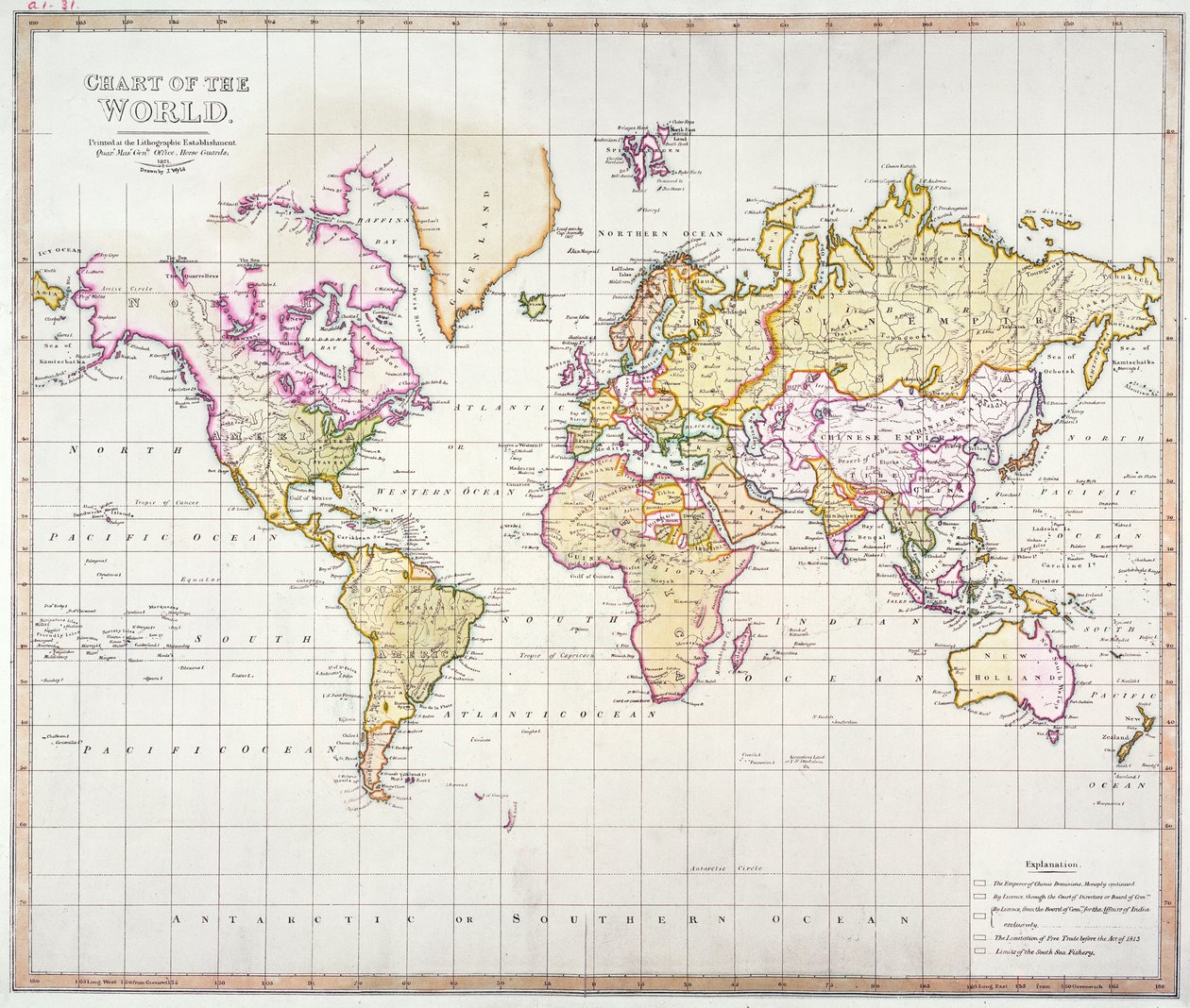 विश्व का चार्ट, लिथोग्राफिक प्रतिष्ठान, हॉर्स गार्ड्स, 1821 (रंग लिथोग्राफ) में मुद्रित द्वारा जेम्स द एल्डर वाइल्ड