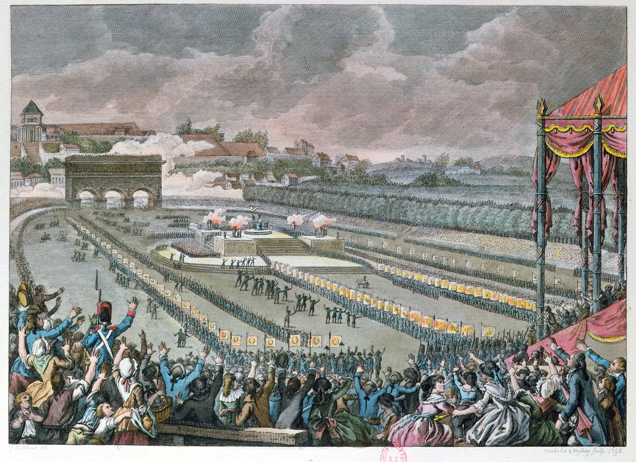 फेडरेशन का त्योहार, 14 जुलाई 1790, चैंप डे मार्स, 1798 (रंग उत्कीर्णन) द्वारा जन बुलथे