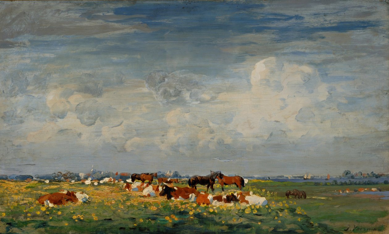 Hattem के दृश्य के साथ IJssel पर ग्रीष्मकालीन मैदानी परिदृश्य द्वारा जान वोमरन