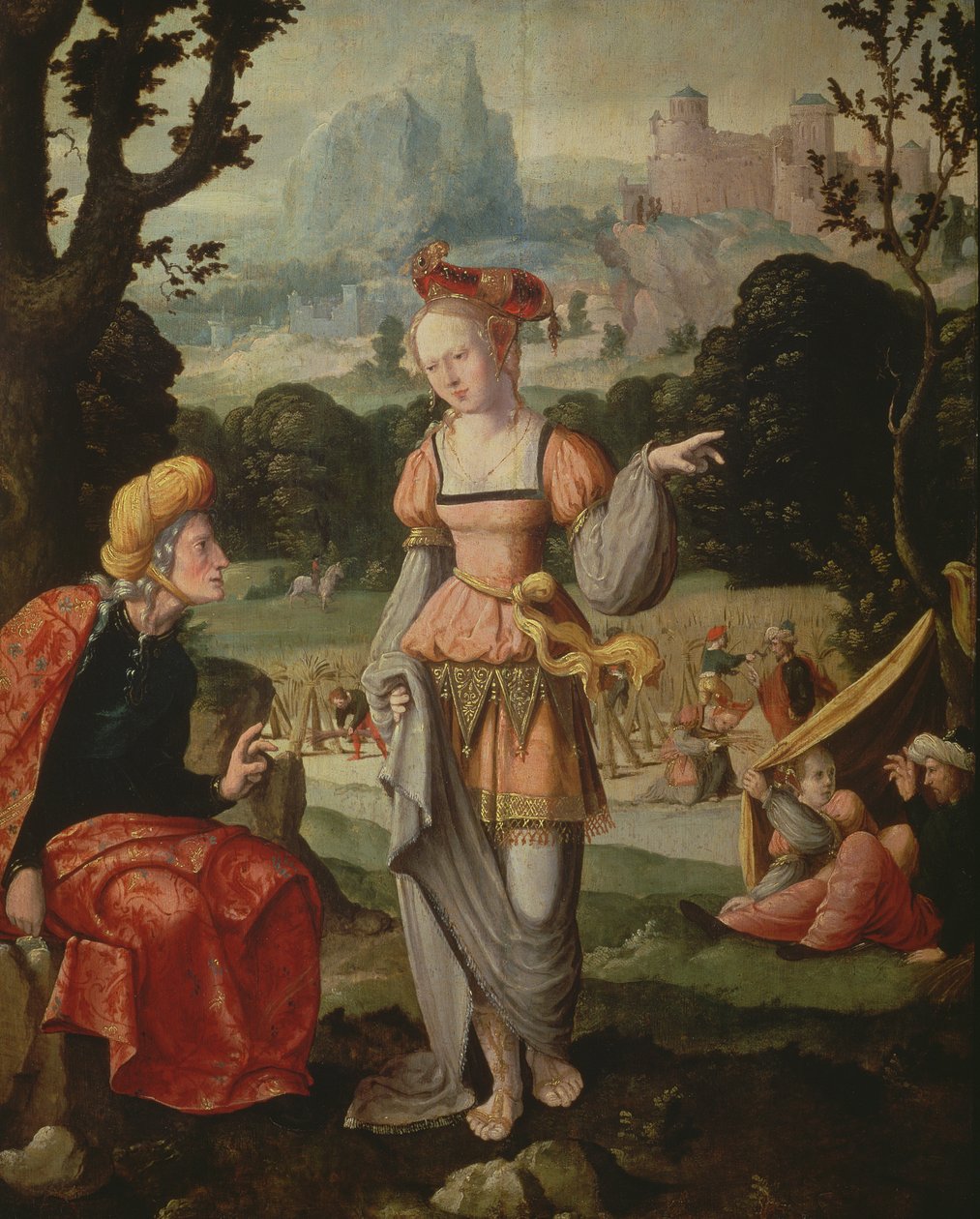 Boaz के क्षेत्र में रूथ और नाओमी, c.1530-40 (पैनल) द्वारा जन वैन स्कोरर