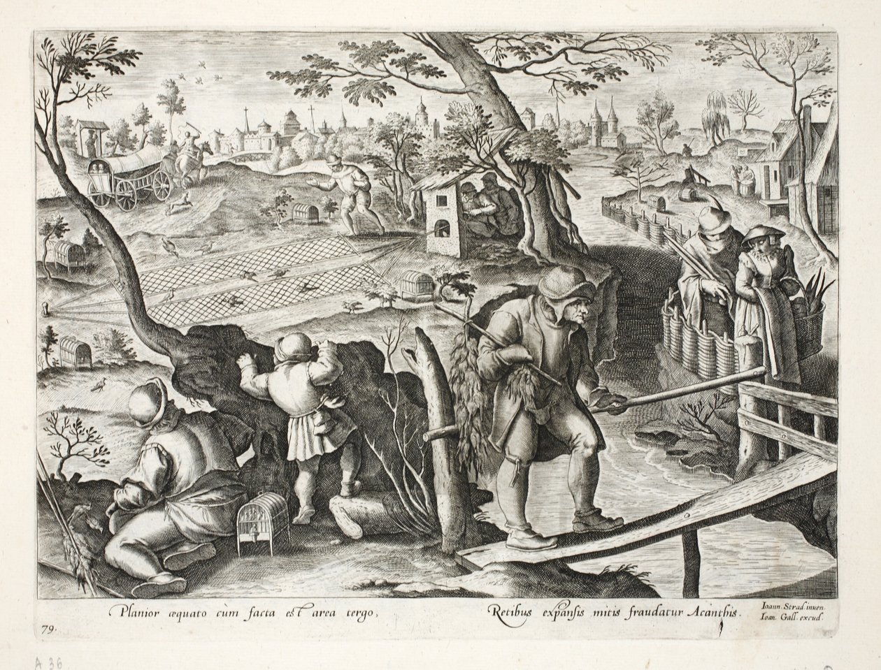 बर्डकैचर, तारों को फँसाते हुए, जन कोलाअर्ट (1566-1628), पब द्वारा उत्कीर्ण &39;वेनेशन, फेरारम, एवियम, पिस कैल्शियम&39; (शिकार के: जंगली जानवर, पक्षी, मछली) से चित्रण। फिलिप गैलस, एमस्टी द्वारा द्वारा जन वैन डर स्ट्रेट