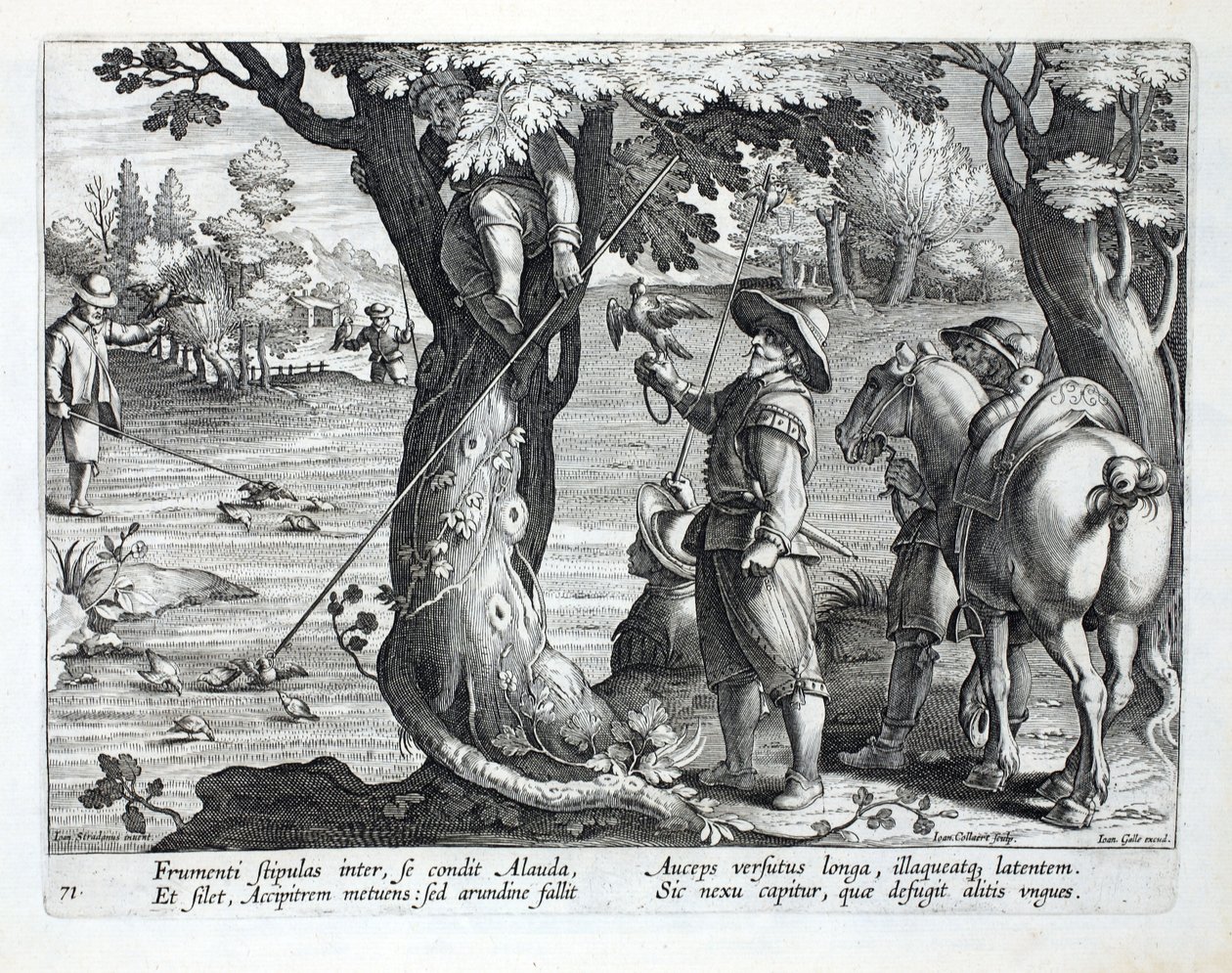 बर्डकैचर्स ने पक्षियों को पकड़ने के लिए छल्लों के साथ छड़ का उपयोग किया, &39;कोलाशन, फेरारम, एवियम, पिस कैल्शियम&39; (शिकार का शिकार: जंगली जानवर, पक्षी, मछली) से चित्रण, जन कोलार्ट (15-16-1628), उत्कीर्ण द्वारा पब फिल द्वारा द्वारा जन वैन डर स्ट्रेट