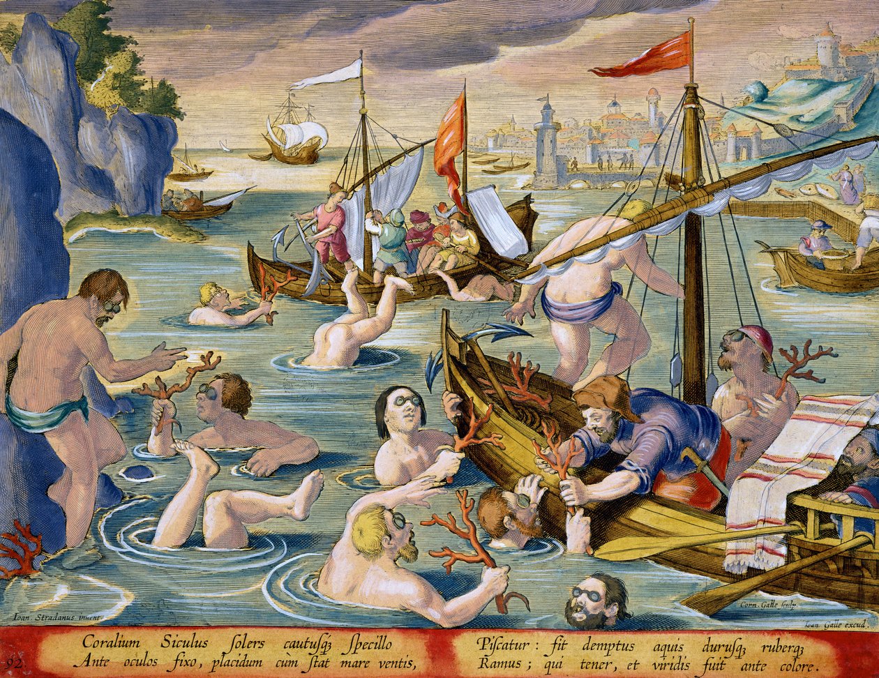 कोरल के लिए गोताखोरी, एम्स ऑफ़ एम्सटर्डम (हाथ कोलो) द्वारा प्रकाशित जन कोलाअर्ट (1566-1628) द्वारा प्रकाशित &39;वेनेरेसेज़ फ़ेरुम, एवियम, पिस कैल्शियम&39; (शिकार का शिकार: जंगली जानवर, पक्षी, मछली) से प्लेट 92। द्वारा जन वैन डर स्ट्रेट