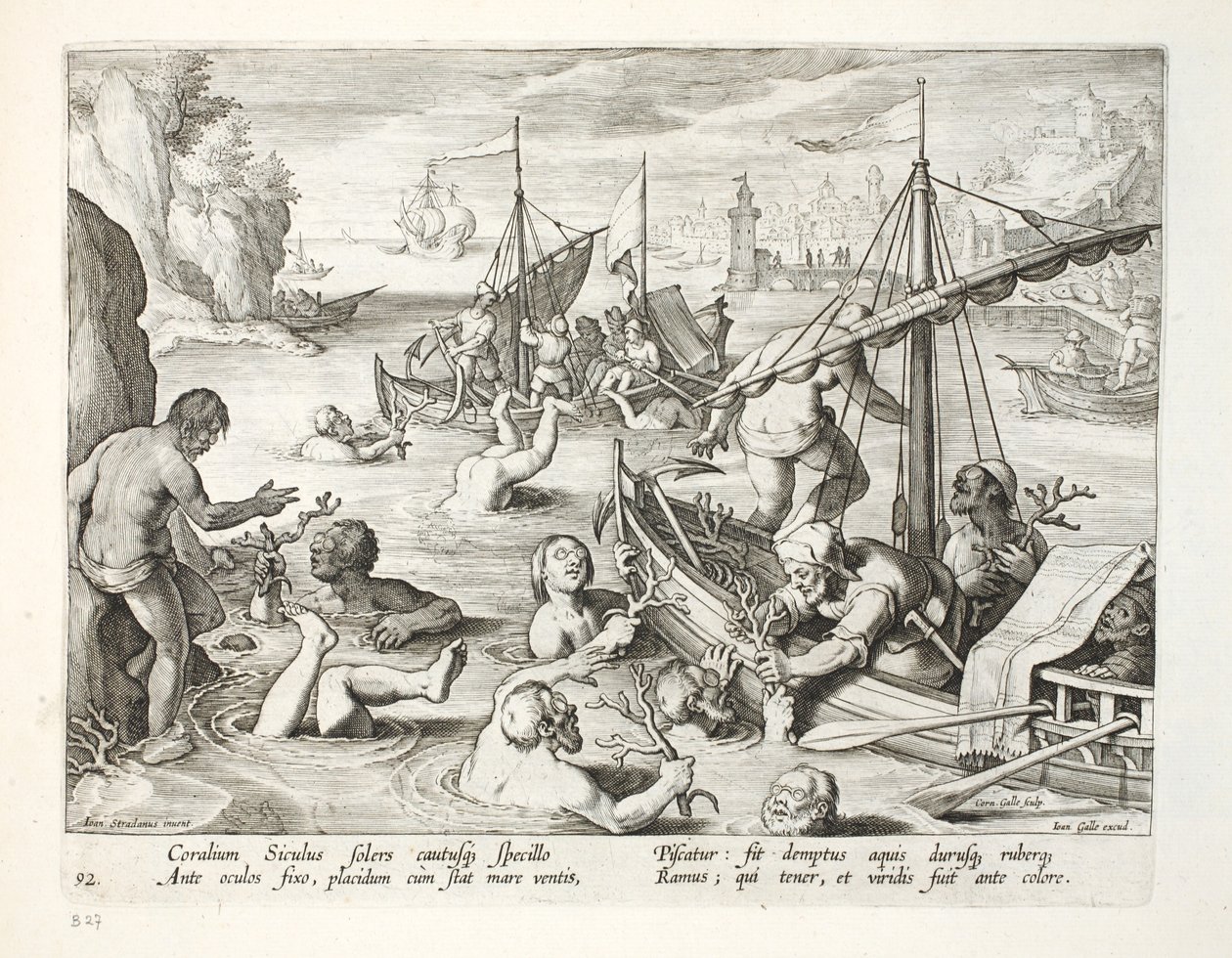 कोरल के लिए गोताखोरी, थाली 92, &39;कोलालेशन, फेरम, एवियम, पिस कैल्शियम&39; का चित्रण (हंटिंग: वाइल्ड बीस्ट्स, बर्ड्स, फिश), जन कोलार्ट (1566-1628), उत्कीर्ण द्वारा फिलिप गैलस, एम्स्टर्डम द्वारा द्वारा जन वैन डर स्ट्रेट