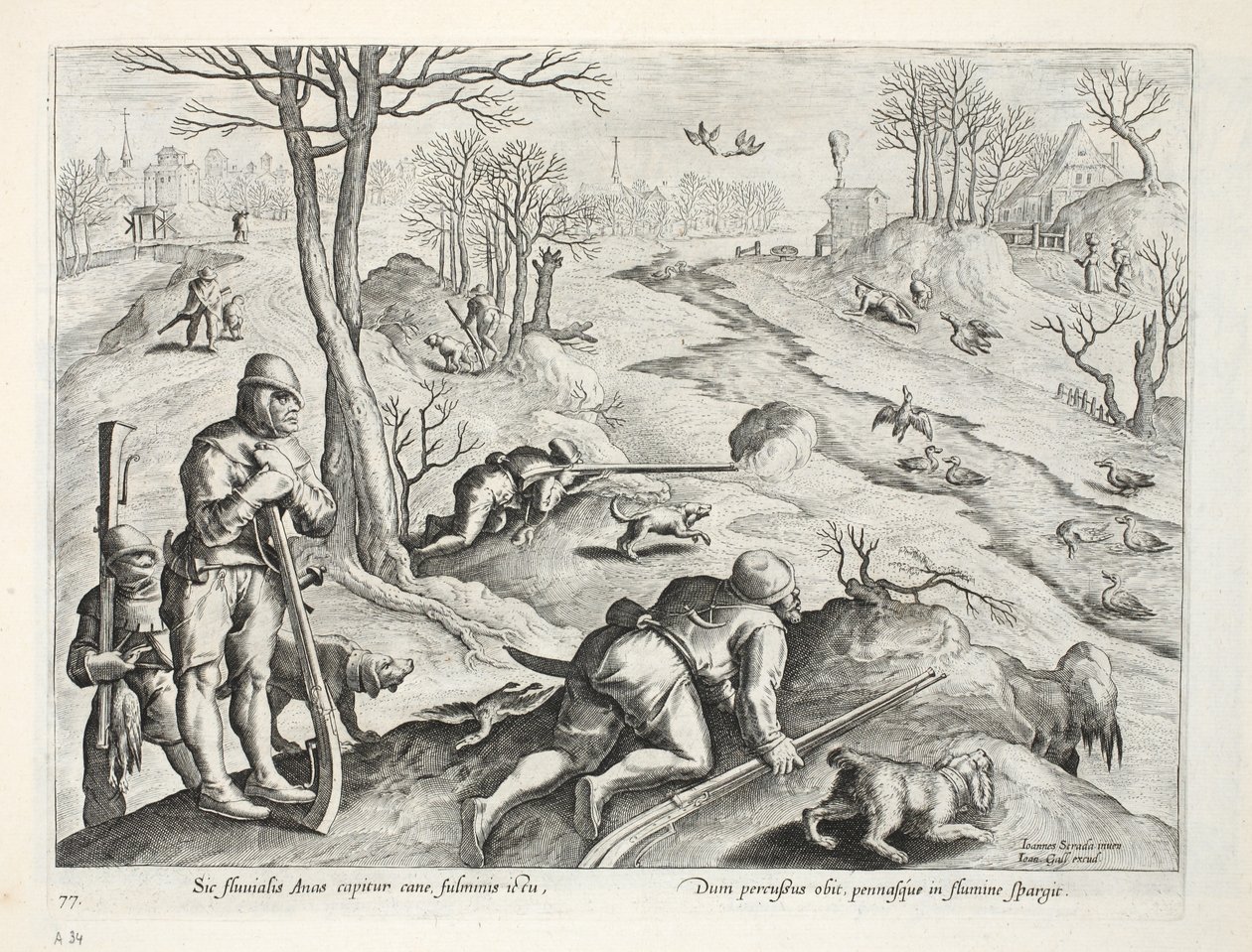 डक शूटिंग, &39;कोलाशन, फेरम, एवियम, पिस कैल्शियम&39; (हंटिंग: वाइल्ड बीस्ट्स, बर्ड्स, फिश) से लिया गया चित्र, जन कोलार्ट (1566-1628), पब द्वारा उकेरा गया। फिलिप गैलस, एम्स्टर्डम द्वारा द्वारा जन वैन डर स्ट्रेट