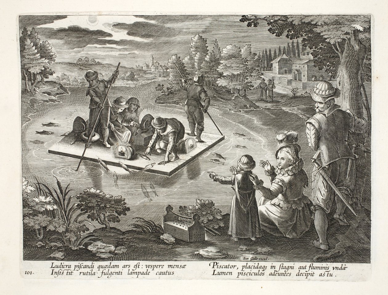 रात में एक झील पर मछली पकड़ना, प्लेट 101, &39;कोलालेशन, फेरम, एवियम, पिस कैल्शियम&39; (हंटिंग: वाइल्ड बीस्ट्स, बर्ड्स, फिश) का चित्रण, जन कोलार्ट (1566-1628), पब द्वारा उकेरा गया। फिलिप गैलस द्वारा, द्वारा जन वैन डर स्ट्रेट