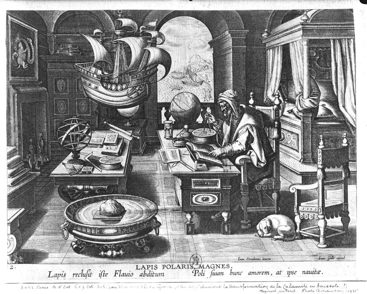 फिलिप गाल (1537-1612) c.1600 द्वारा उत्कीर्ण &39;नोवा रिपर्टा&39; (नई खोजों) से प्लेट 3 की शक्ति की खोज करने वाले अमाल्फी की फ्लावियो गियोया द्वारा जन वैन डर स्ट्रेट
