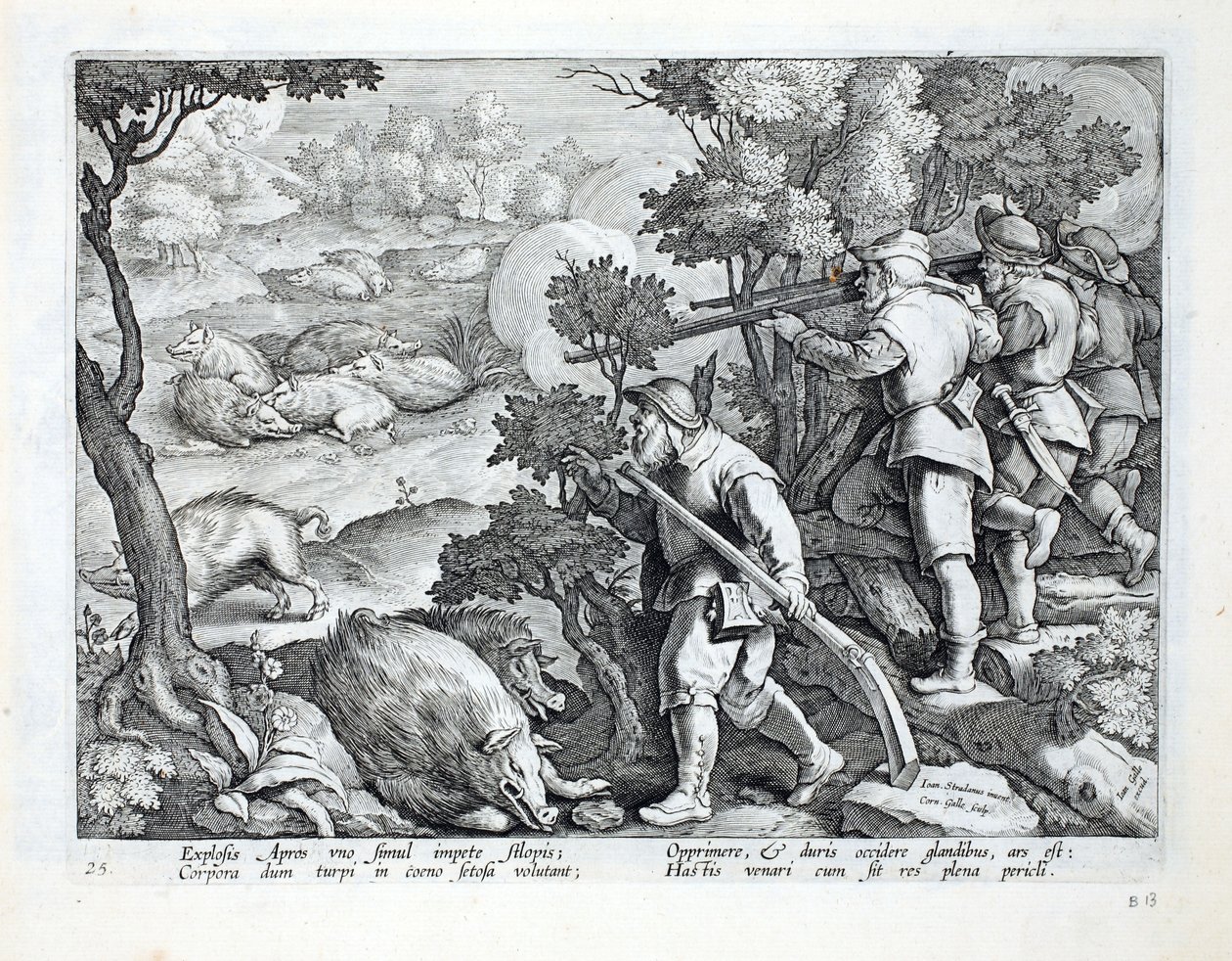 शिकारी जंगली सूअर को मारने के लिए बंदूकों का उपयोग करते हैं, जो कीचड़ में दीवार बना रहे हैं, &39;वेनेशन, फेरम, एवियम, पिस कैल्शियम&39; से चित्रण (शिकार के: जंगली जानवर, पक्षी, मछली), जो कोला कोला द्वारा उकेरा गया (1566-1) द्वारा जन वैन डर स्ट्रेट