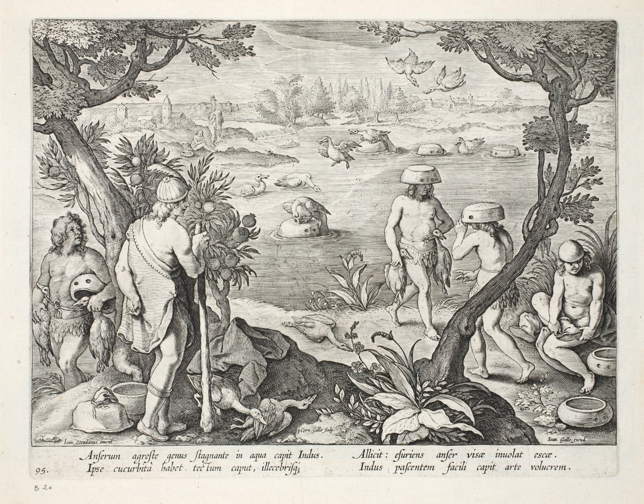 शीर्ष पर भोजन की चारा के साथ अपने सिर पर एक लौकी रखकर भूजल को पकड़ने की भारतीय विधि, थाली 94, &39;वेनेशन, फेरारम, एवियम, पिस कैल्शियम&39; से चित्रण (शिकार का: जंगली जानवरों द्वारा जन वैन डर स्ट्रेट