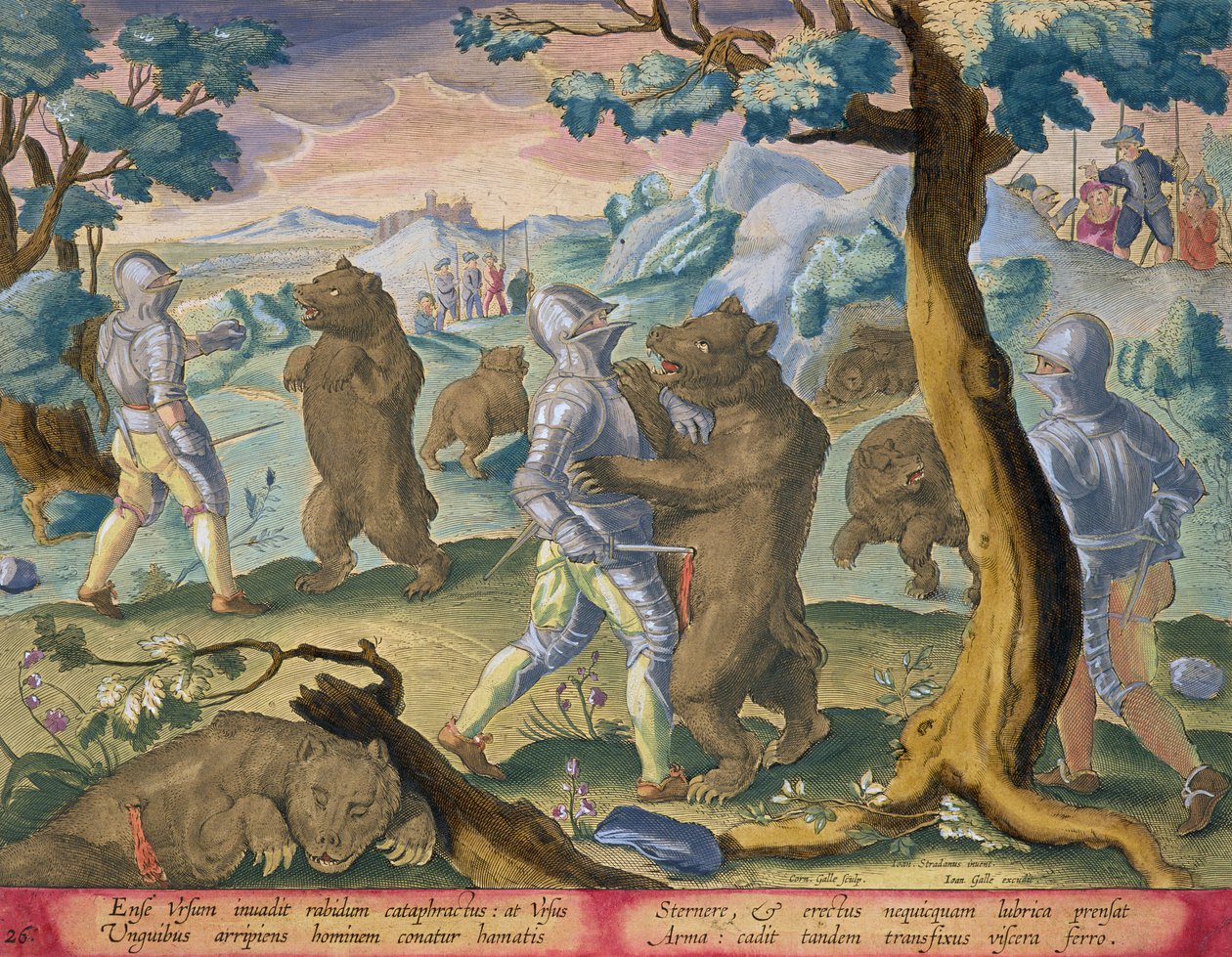 पुरुषों में हेवी आर्मर अटैक बीयर्स इन विटल्स में छुरा घोंपकर, जन कोला (1566-1628) पब द्वारा उत्कीर्ण &39;वेनेरेसेज़ फ़ेरुम, एवियम, पिसियम&39; (शिकार का: जंगली जानवर, पक्षी, मछली) से प्लेट 26 द्वारा जन वैन डर स्ट्रेट