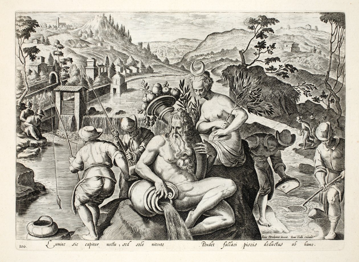 एक मछली पकड़ने वाली छड़ी का उपयोग करके मछली पकड़ने की विधि, जन कोलार्ट (1566-1628) द्वारा उत्कीर्ण, &39;वेनेशन, फेरारम, एवियम, पिस कैल्शियम&39; (शिकार के: जंगली जानवर, पक्षी, मछली) से चित्रण फिलिप गैल द्वारा द्वारा जन वैन डर स्ट्रेट