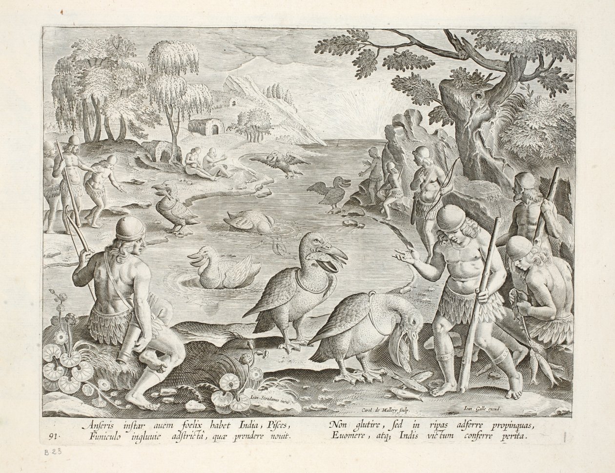 भारत के सेमी-नेकेड सैवेज ने पेलिकन का उपयोग कर मछली पकड़ने के लिए, प्लेट 91, &39;वेनेशन, फेरारम, एवियम, पिस कैल्शियम&39; से चित्रण (शिकार के: जंगली जानवर, पक्षी, मछली), जन कोलार्ट (1566-1628) द्वारा उत्कीर्ण द्वारा जन वैन डर स्ट्रेट