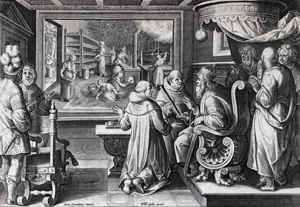 सेर एक गंभीर भोजन, थाली 9 नए reperta &39;फिलिप्स गाले, c.1580-1605 द्वारा उत्कीर्ण से द्वारा जन वैन डर स्ट्रेट