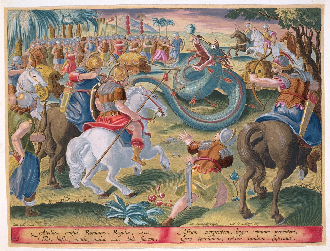 रोमन कॉन्सुल एटिलीस ने अफ्रीकी सर्पड को उपखंड किया, प्लेट 42 &39;वेनेरेस फेरारुम, एविम, पिस कैल्शियम&39; (शिकार का: जंगली जानवर, पक्षी, मछली) द्वारा फिल कोला द्वारा प्रकाशित जन कोलार्ट (1566-1628) द्वारा उत्कीर्ण द्वारा जन वैन डर स्ट्रेट