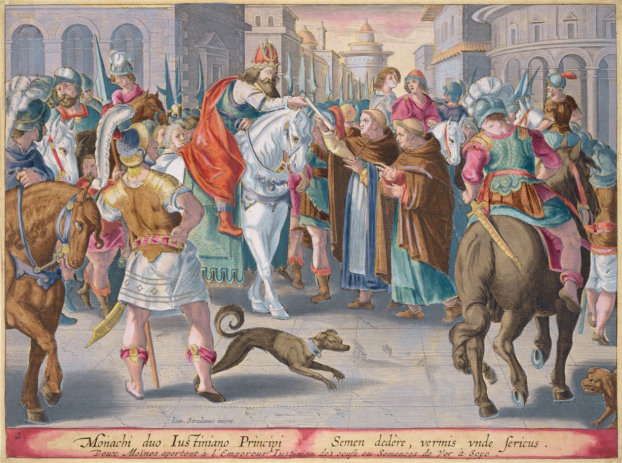 चीन से सम्राट जस्टिनियन तक तस्करी करने वाले दो भिक्षु मौजूद रेशमकीट, फिलिप गैल (1537-1612) द्वारा उत्कीर्ण &39;वर्मिस सेरिकस&39; (द सिल्कवॉर्म) से प्लेट 2 द्वारा जन वैन डर स्ट्रेट