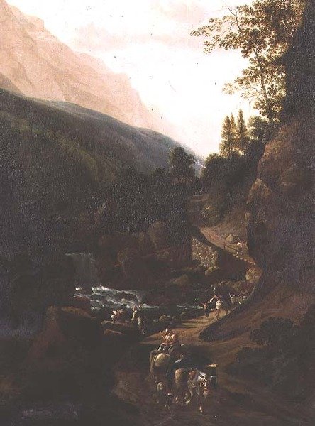 एक धार द्वारा एक पहाड़ी रास्ते पर खच्चर द्वारा जनवरी (सर्कल) Hackaert