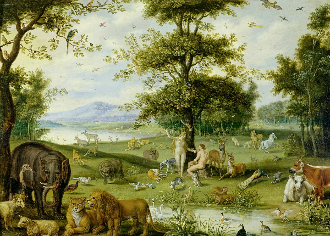 अदन और ईडन गार्डन में ईव, c.1600 (पैनल पर तेल) द्वारा जान (स्टूडियो) की ब्रूघेल
