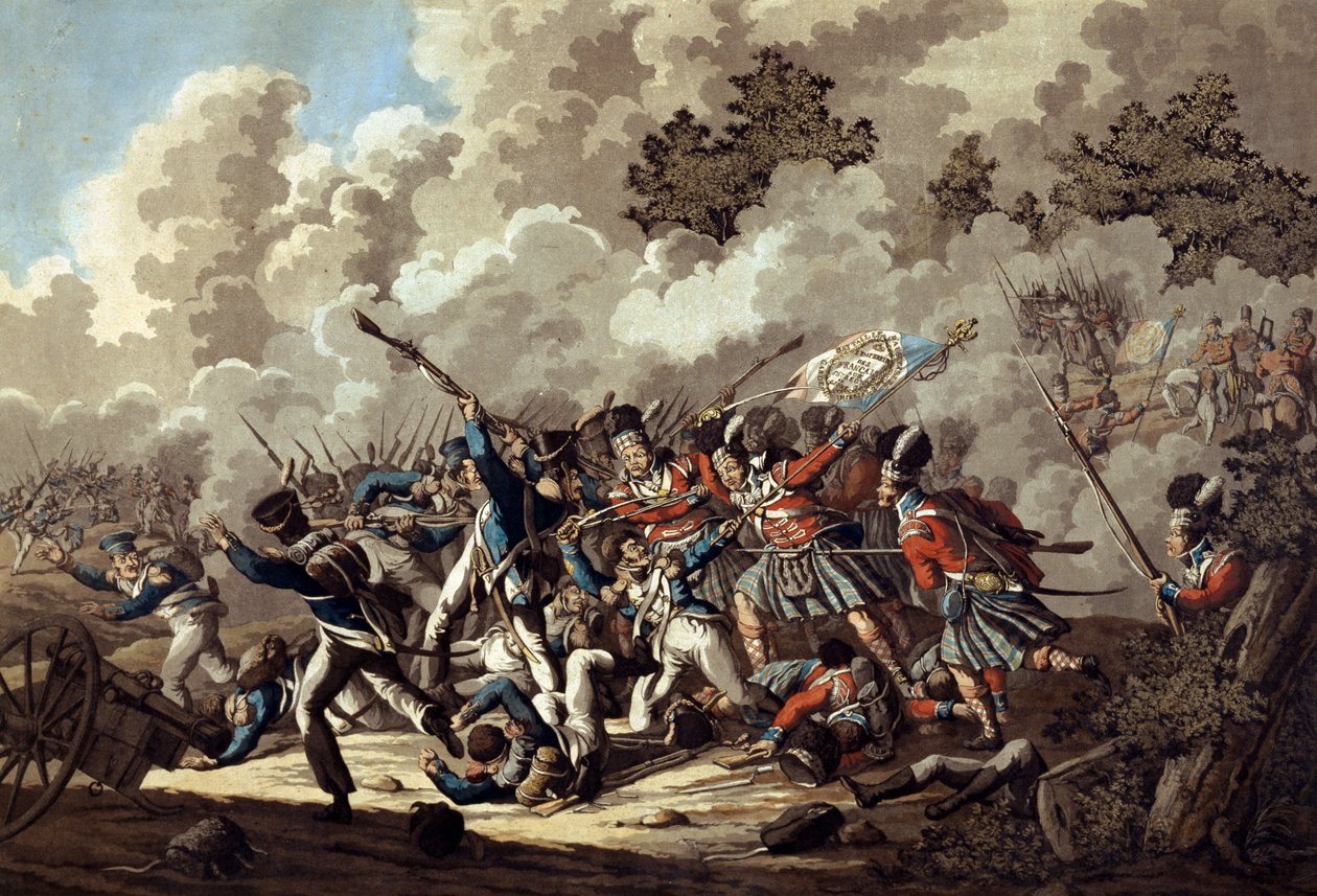 वाटरलू, 1815 (रंगीन जलीय) की लड़ाई के दौरान, हाईलैंडर्स, ला हाय सैंट द्वारा फ्रांसीसी गार्ड की हार द्वारा जान एंथोनी लैंगेंडीक